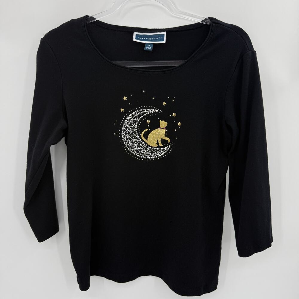 KAREN SCOTT Womens Shiny Cat Moon Shirt Size M Black 3/4 Sleeve Catlady Jersey